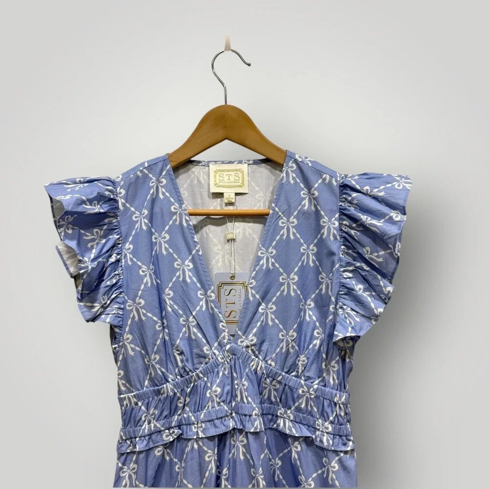 Sail to Sable Hydrangea Bow Print Flutter Sleeve V Neck Maxi Dress Blue SP25T5 S - Picture 3 of 9